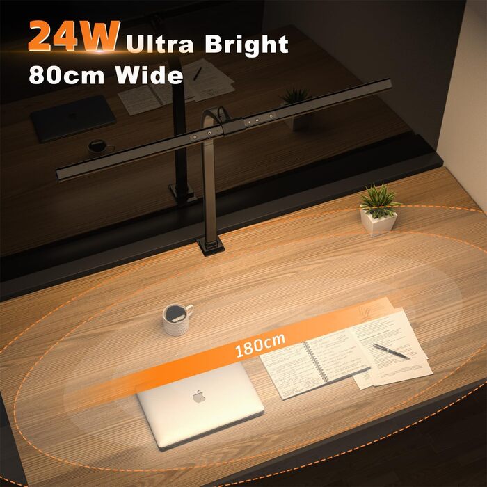 LED лампа для столу 24W, 80 см, регульована яскравість, зміна колірної температури, захист очей, без відблисків, для офісу та дому