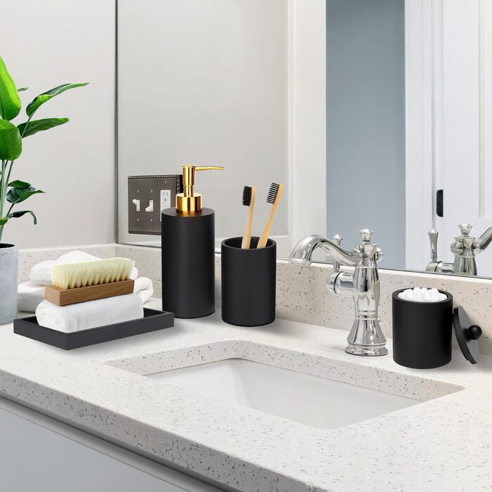 Haturi Bathroom Accessories Set, 4-Piece, Glass Bathroom Accessories Set, Complete with Lotion Soap Dispenser, Toothbrush Holder, Apothecary Jar, Vanity Tray, Bathroom Decor, Gift for (Black)