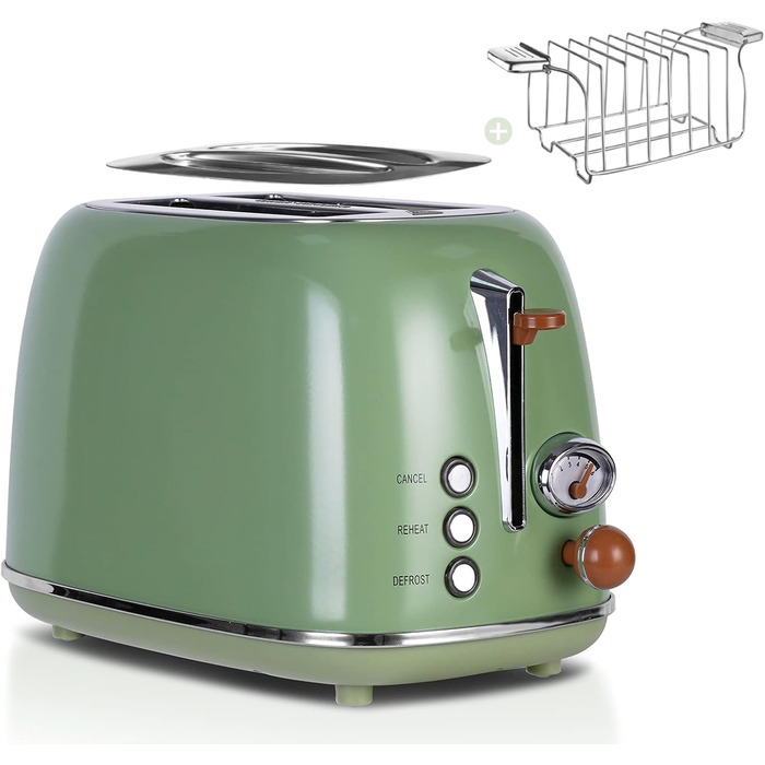 Wiltal Retro 2-Slice Toaster with 6 Adjustable Browning Levels, Stainless Steel with high-quality bread roll attachment. Warming, defrosting, and cancel function, countdown display, quick-toast technology (green)