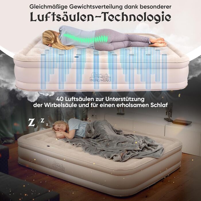 Надувне ліжко для 2 осіб [3-в-1 система] | Елегантне гостьове та кемпінгове ліжко | Надувна матрац з електропомпою 150x200 | Самостійно надувна повітряна матрац для 2 осіб, бежевий
