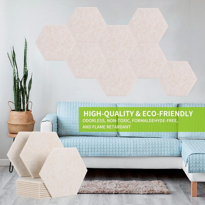 Набір акустичних панелей Rdutuok (12 шт), гексагональні звукопоглинаючі плити 30x26x1 см для студії, офісу та декору стін, колір верблюжий