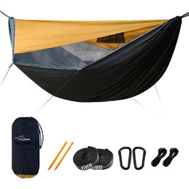 Гамак для кемпінгу з москітною сіткою та стропом, великий на 2 особи, 290 x 140 см, легкий, для відпочинку на природі, піших прогулянок, подорожей та рюкзаків, армійський зелений (жовтий)