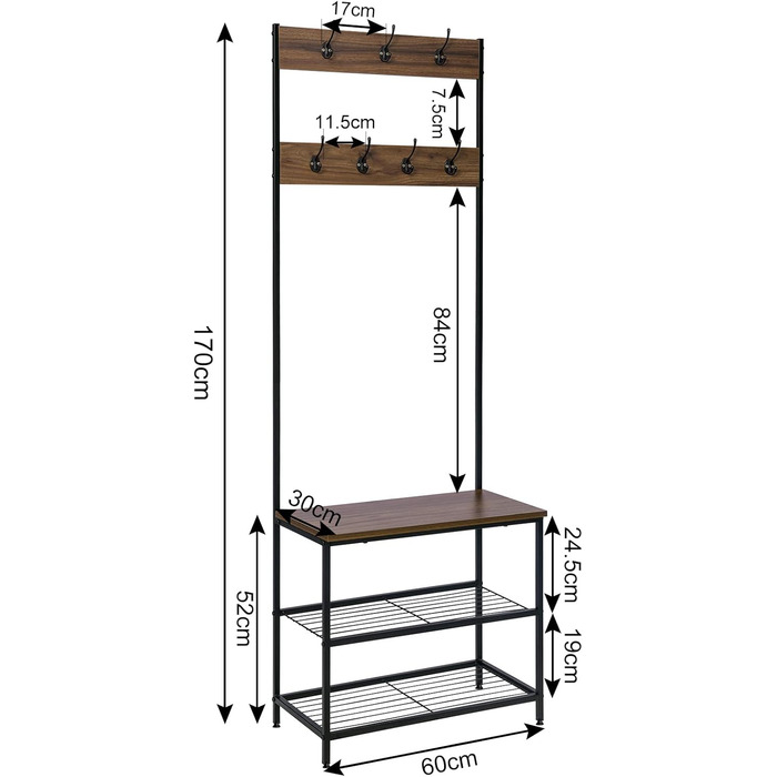 WOLTU Coat Rack Clothes Rack Laundry Rack Shoe Shelf with Seat, with 7 Hooks, Wood and Steel, Hanging Shelf, Black Vintage