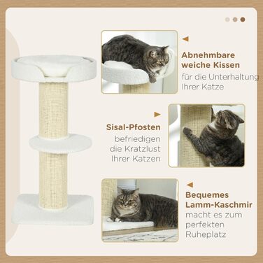 PawHut Cat Tree Small 91 cm Cat Tree with Cat Bed, Cat Scratching Post Activity Tree Scratching Post with Platform for Cats up to 5 kg Sisal Lambswool (Cream White)