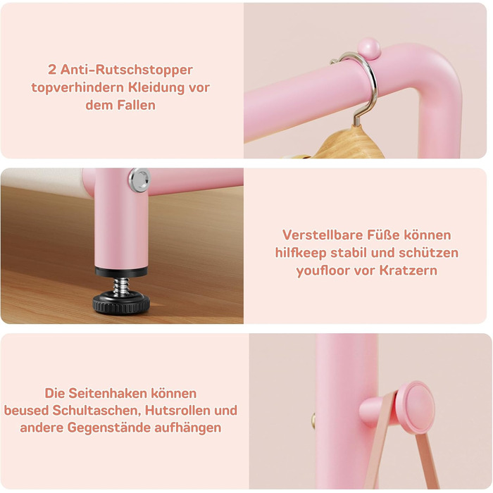 Дитяча вішалка для одягу Kinder Garderobe, 80x30x125 см, рожева. З гачками та кошиком для зберігання, U-подібна основа.