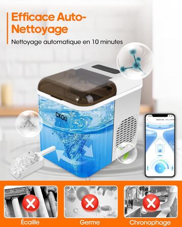 Smart Ice Maker Machine with WiFi Control - 15KG Daily Capacity, Fast Ice Production (9 Cubes in 6 Minutes), Self-Cleaning, 2 Ice Sizes for Kitchen, Office, Bar, Party, RV (White)