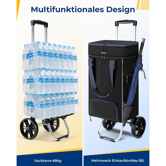Тролей для покупок Ytonet: складаний, з відділенням для охолодження, 55 літрів, 68 кг, 3-в-1 (сумка-тележка, сумка для покупок), чорний