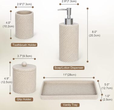Bathroom Accessory Set, 4-Piece, Lotion Soap Dispenser, Toothbrush Holder, Qtip Holder, Vanity Tray for Decoration, Bathroom, Countertop, Vanity Organizer, Beige