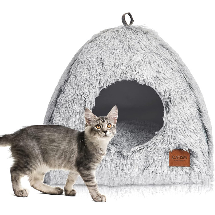 Cat Bed Washable Cat Sleeping Place for Cats Cat Cave Plush Pet Cat Head Pillow Cat House Cat Cushion Fluffy Kitten Puppy Snuggle Bed Pet Bed White (Gray, medium)