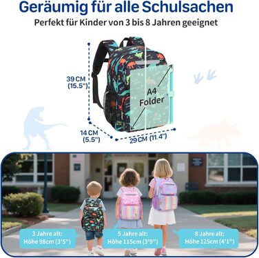 Дитячий рюкзак Bagseri для дівчаток 15L, легкий рюкзак для школи, дитячий сад та 1-2 класи, з нагрудним ременем та ізотермічним відділенням, формат DIN A4, з світловідбиваючими елементами (чорний динозавр)