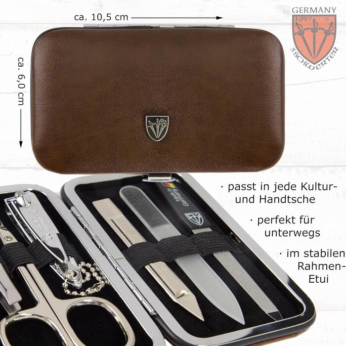 Набір для манікюру DREI SCHWERTER 'Catania' 6 предметів (Німеччина) - з ножицями для кутикули, щипчиками, пінцетом, алмазною та скляною пилочками, очищувачем для нігтів у футлярі, світло-коричневий