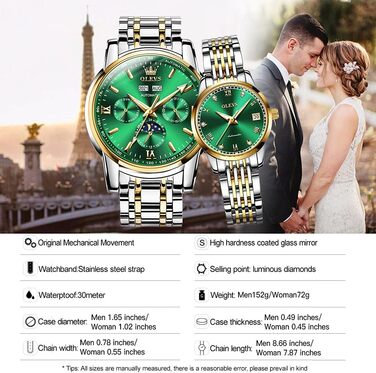 Набір автоматичних механічних годинників для пари OLEVS: чоловічий та жіночий з календарем, фазою місяця та турбійоном, двоколірні (Зелені)