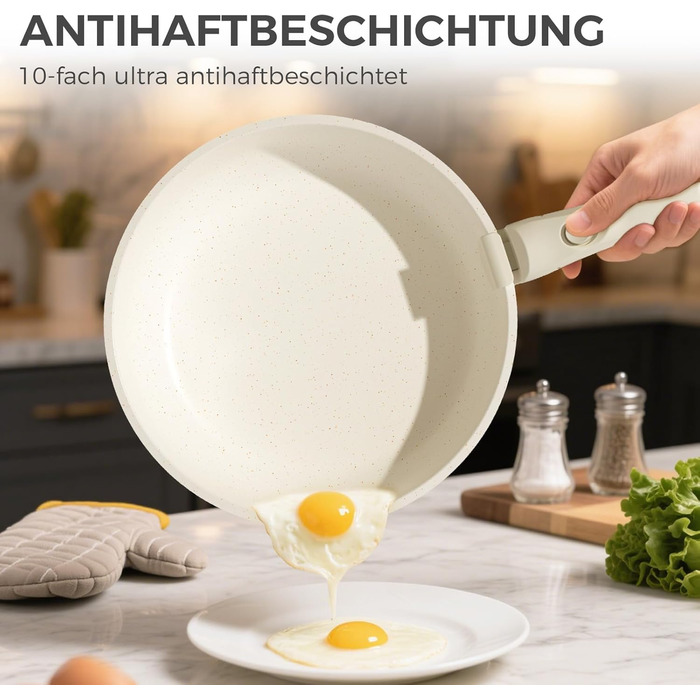 Набір кухонного посуду YASHE 15 предметів: каструлі та сковорідки з гранітно-посудомийним покриттям, знімні ручки, компактний, легко миється, сумісний з індукцією, газом та склокерамікою, білий