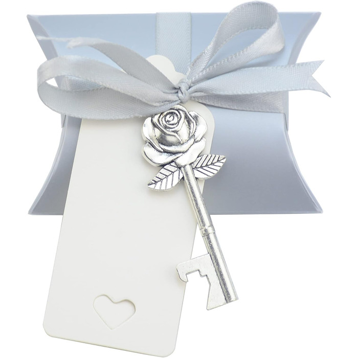 Aokbean 50pcs Wedding Key Bottle Openers Vintage Rose Flower Shape Gifts for Guest Gift Set with Candy Boxes, Thank You Tags and Ribbon (Antique Silver)