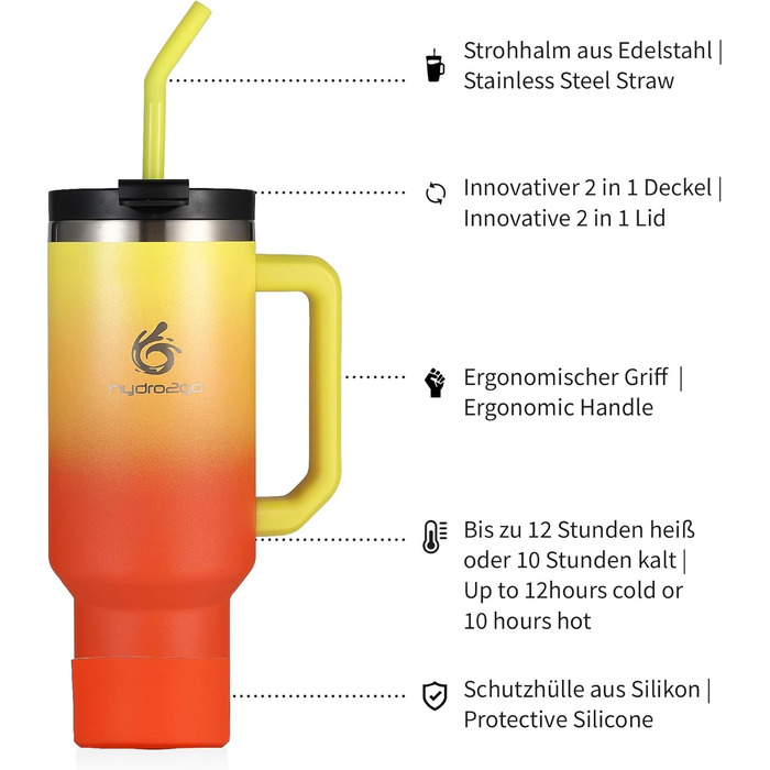 Термокружка Hydro2Go з трубочкою – BPA-free, придатна для миття в посудомийній машині, зберігає тепло 10 годин/холод 12 годин – 1200 мл, колір Sun