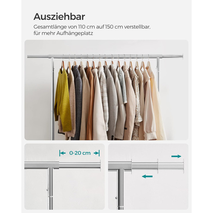 SONGMICS Clothes Rack with Wheels, Garment Rack, Heavy-Duty, Extendable Clothes Rod, Holds up to 130 kg, 45 x (110-150) x 162.9 cm, Metal, Chrome, Silver HSR11S