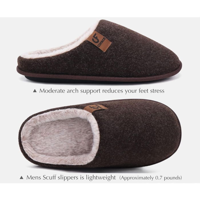 Тапочки чоловічі COFACE з фетру, теплі, зручні, з м'якою підкладкою, антиковзаюча гумова підошва, для дому та вулиці, розмір 40-49 (темно-коричневий, 43 EU)