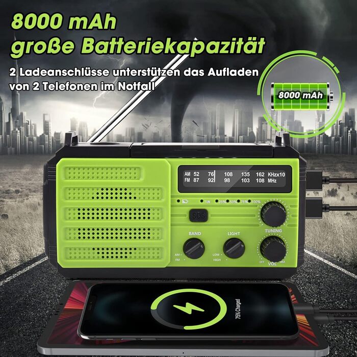 Сонячне радіо Kurbelradio 8000mAh з ручним генератором, AM/FM, LED ліхтарик, SOS, компас, IPX3, для кемпінгу та відпочинку на природі (зелене)