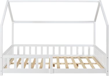 en.casa Kids Bed Hesel House Bed White 90 x 200 cm with Side Rails and Slatted Base, Floor Bed, Youth Bed, Wooden Bed