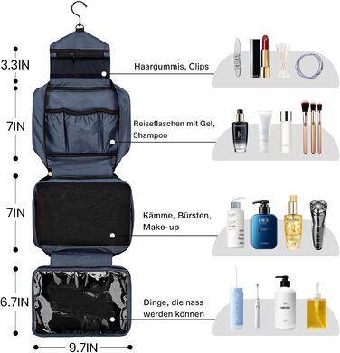 Сумка для туалетних аксесуарів на гачок, велика дорожня сумка-органайзер для жінок та чоловіків, 4-в-1 водонепроникна, армійний зелений (темно-синій)