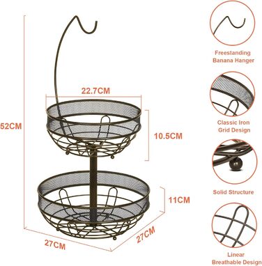 Металева фруктова тарілка Bomclap з 2 ярусами - кошик для фруктів з тримачем для бананів, бронзовий колір