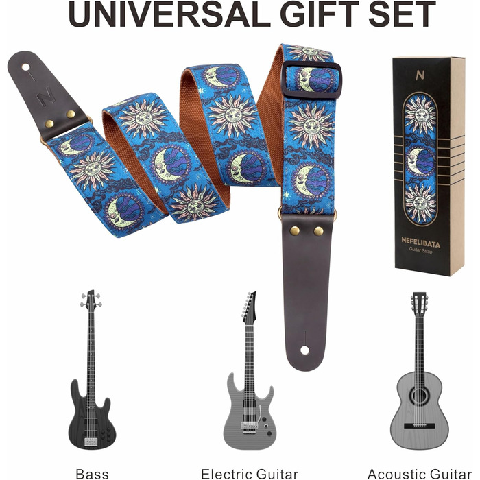 Гітарний ремінь Nefelibata, вишитий бавовняний ремінь з шкіряними кінцями, для бас-гітари, електро- та акустичної гітари, безкоштовний фіксатор, 1 пара застібок, 4 шт. (Блакитне сонце)
