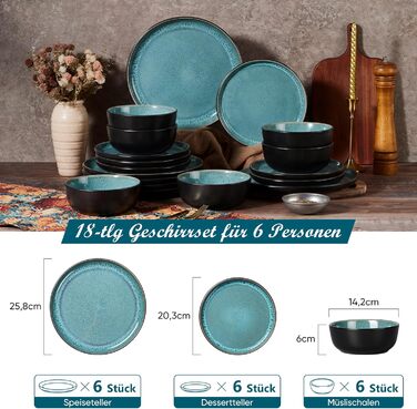 Набір посуду HaWare для 6 осіб, 18 предметів: тарілки, десертні тарілки, миски, стельова глазур, посуд для сервірування столу, блакитний колір, безпечний для мікрохвильовки та посудомийної машини