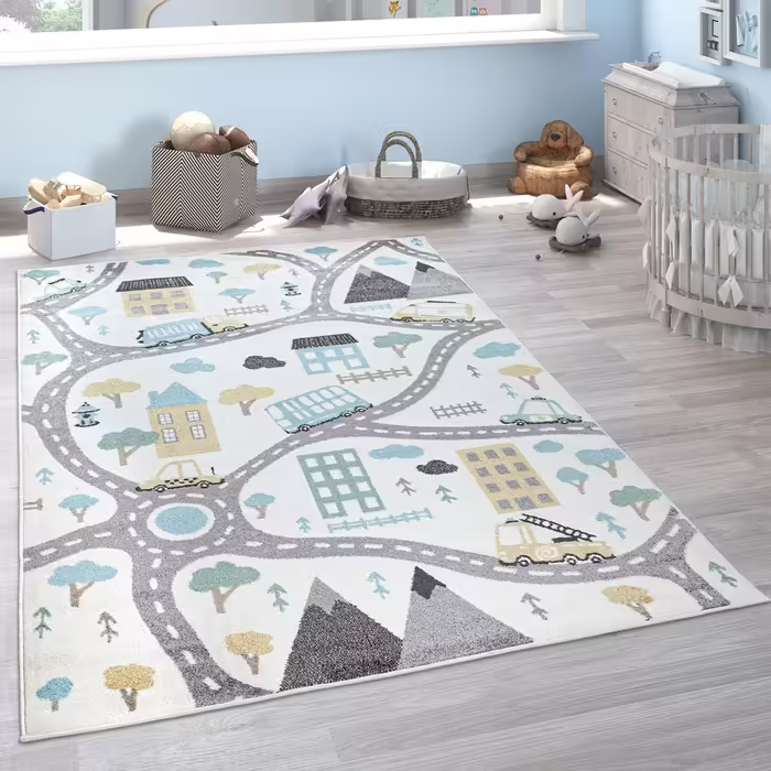 Paco Home Kids Rug, Play Rug for Children's Room, Pastel Colors, Boy/Girl, Car Street House, Cream, Petrol, Gray, Yellow, Size: 160x220 cm (Rectangular), White