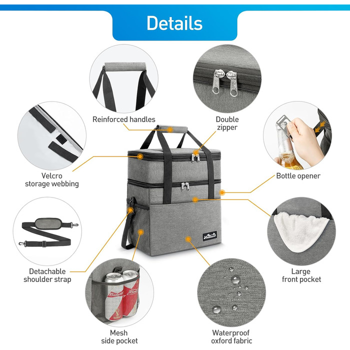 Термосумка Viedouce 30L: Ізольована сумка-холодильник для пікніків, кемпінгу та подорожей (сіра)