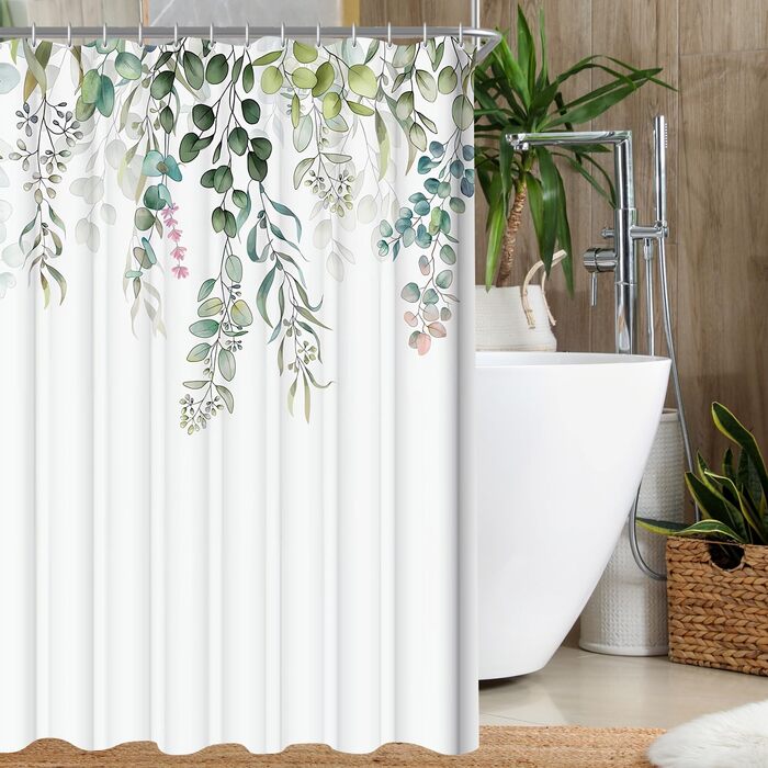 Штора для душу 200x200 см, зелені листки, антигрибкова, водовідштовхувальна, текстильна, поліестер, з кільцями (12 шт.) для ванної кімнати