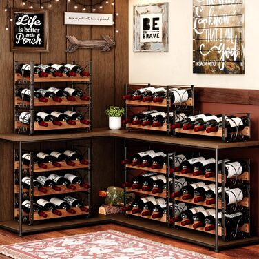 Rustic 3-Tier Stackable Wine Rack Freestanding 12 Bottle Organizer Holder Stand Countertop Liquor Storage Shelf Solid Wood & Iron 16.5