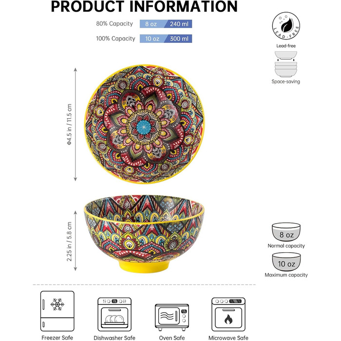 Набір супових тарілок Henten Home, 4 шт., 300 мл, порцеляна. Ідеально для супу, десерту, морозива. Стиль Богемія