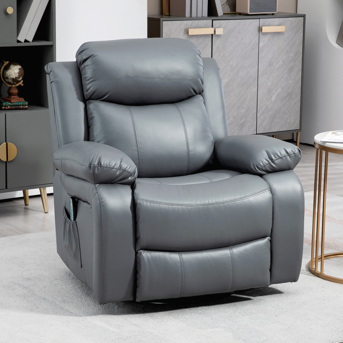 HOMCOM electric TV recliner chair with massage function, 360° swivel, featuring 8 vibration motors, rocking function, faux leather, 93L x 90W x 101H cm, Grey | Aosom