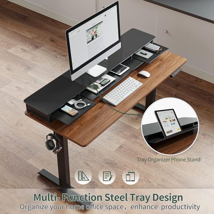 FEZIBO Electric Standing Desk with 2 Drawers - 140x60cm Adjustable Height Desk with Memory Control, Anti-Collision System, Light Brown Home Office Desk