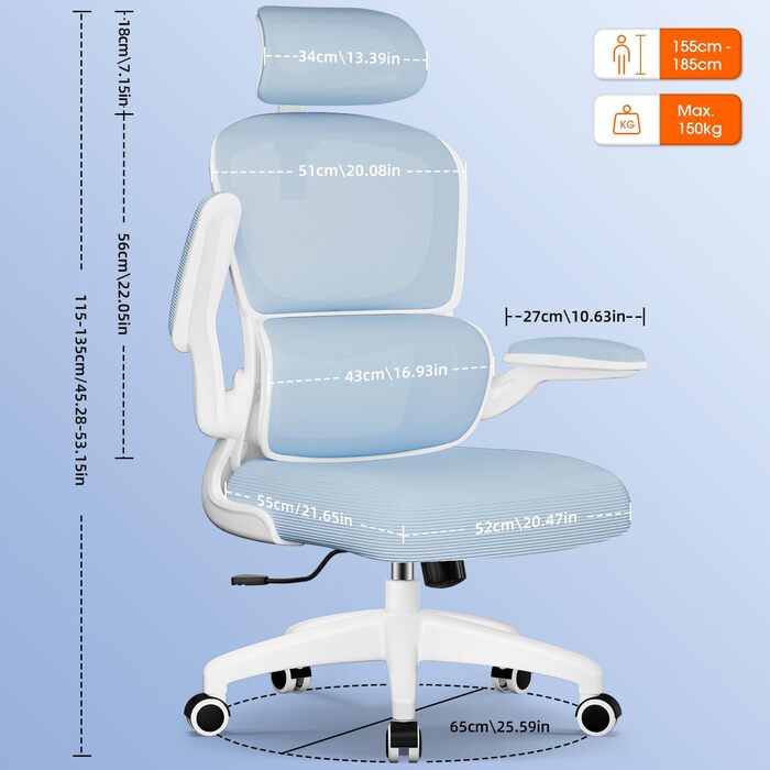 Ергономічне крісло для офісу з регульованою підголівником, підтримкою попереку та відкидними підлокітниками, крісло для начальника, 150 кг, функція гойдання до 135° (Блакитний, Модель 2)