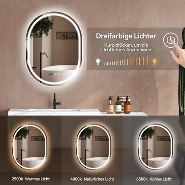 Дзеркало для ванної кімнати YOURLITE з підсвічуванням, 60 см, LED, сенсорне керування, 3 кольори світла, регулювання яскравості, антизапар, пам'ять, годинник, овальне, білий