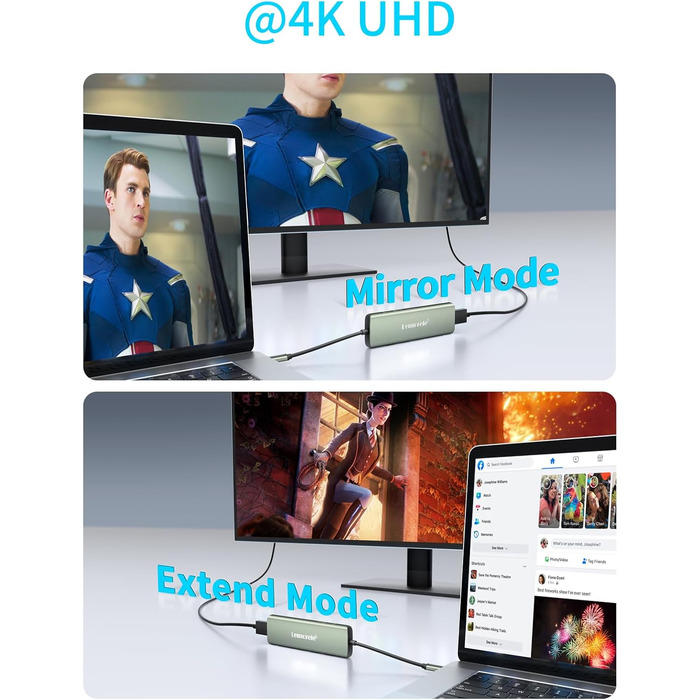 Док-станція Lemorele 2025 Upgrade: USB-C/A, 10Gbps, 3 монітори, 14 в 1, HDMI 4K, Ethernet, USB 3.2/2.0, VGA, Type-C 3.1, PD 100W, SD/TF, для Windows, MacBook (зелена)