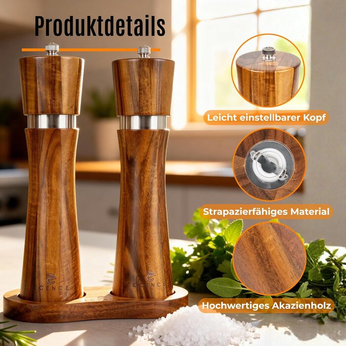 Набір з 2 мельниць для солі та перцю Ecence Holz з акації з керамічним механізмом, пензлик та підставки в комплекті