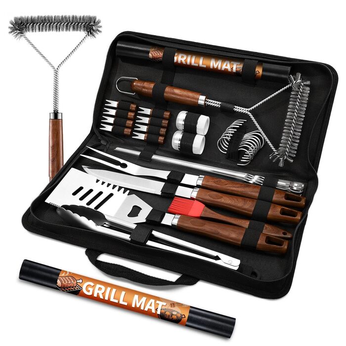 Набір гриль аксесуарів PURPLEBIRD 31 предмет з нержавіючої сталі - Преміум гриль посуд для чоловіків та жінок з сумкою, килимок для гриля, сад, кемпінг та день народження. Сучасний дизайн.
