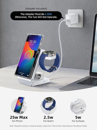 Магнітна бездротова зарядка Samsung з активним охолодженням 3-в-1 для Galaxy S26 Ultra, Watch 8 та Buds 4. Складана Qi зарядка для Android (Біла)