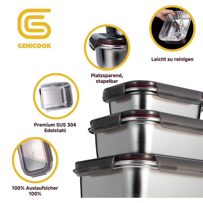 Контейнери для харчових продуктів GENICOOK з нержавіючої сталі, набір 3 шт. з герметичними кришками - для зберігання та Meal Prep