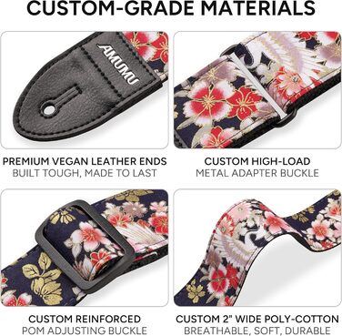 Гітарний ремінь Amumu з бавовни з вишивкою троянд та шкіряними кінцями для бас, електро та акустичної гітари, з фіксатором та блоками для ременя