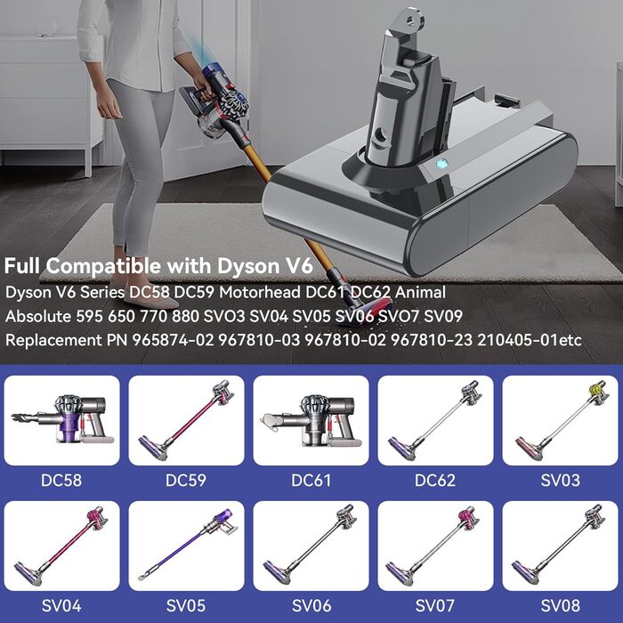 Замінний акумулятор V6 6.0Ah для пилососів Dyson V6 (DC62, DC58, DC59, DC61, DC62 Animal, DC72, DC74, SV03, SV04, SV05, SV06, SV07, SV09) + 2 фільтри