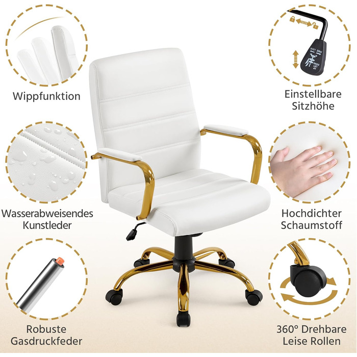 Офісне крісло Yaheetech з ергономічною спинкою, поворотне, з роликами та підлокітниками, до 130 кг, білий/золотий