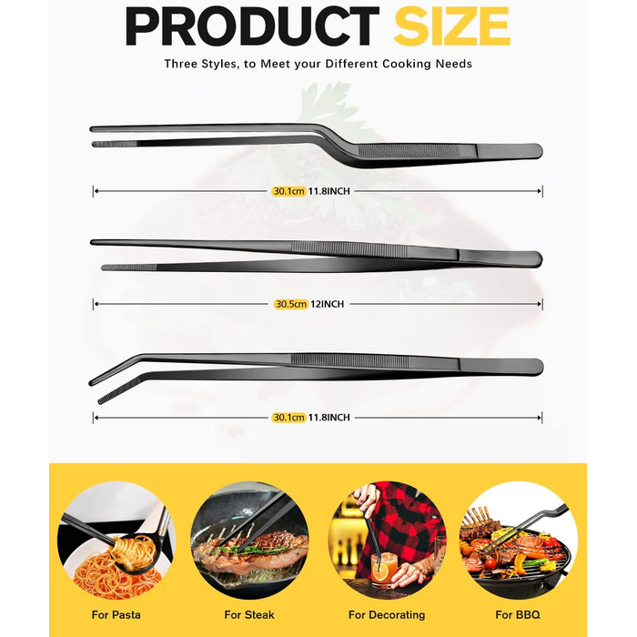 Набір кухонних пінцетів 10 дюймів, професійні, з нержавіючої сталі, чорні, для приготування, декорування та BBQ