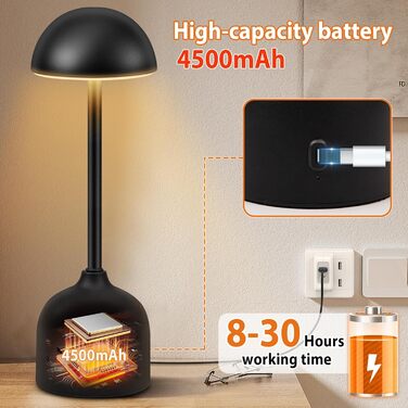 LED настільна лампа бездротова диммерна акумуляторна торшер Touch 3000k/4000k/5000k, 4500mAh, чорна, для дому, бару, готелю, вітальні, їдальні, USB, 1 шт.