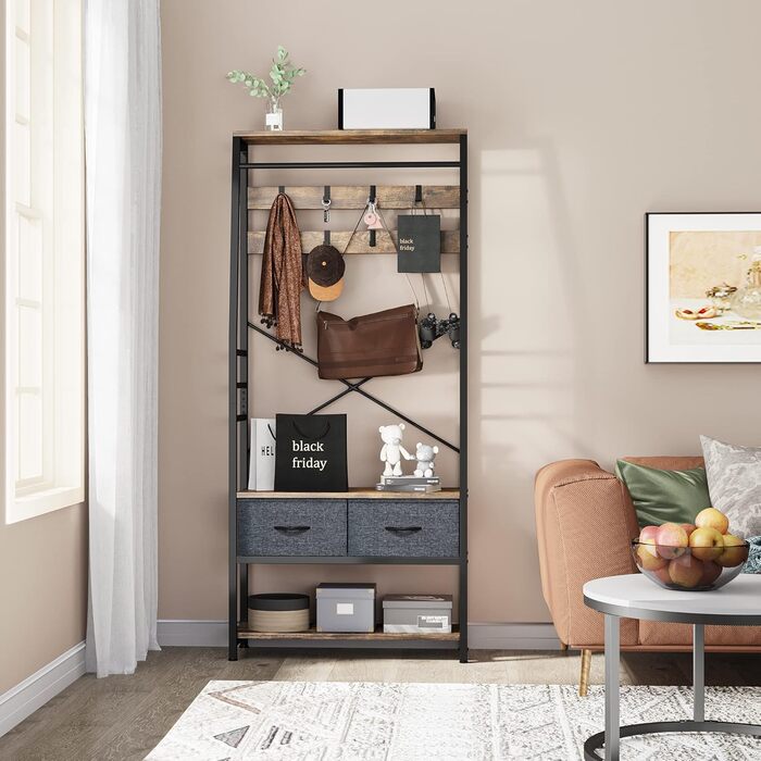 YITAHOME Entryway Storage Bench with Shoe Cabinet, Freestanding Mudroom Bench with Bank and 2 Folding Drawers, Industrial Coat Rack with 8 Hooks for Entryway Living Room Bedroom, Metal Frame, Rustic Brown