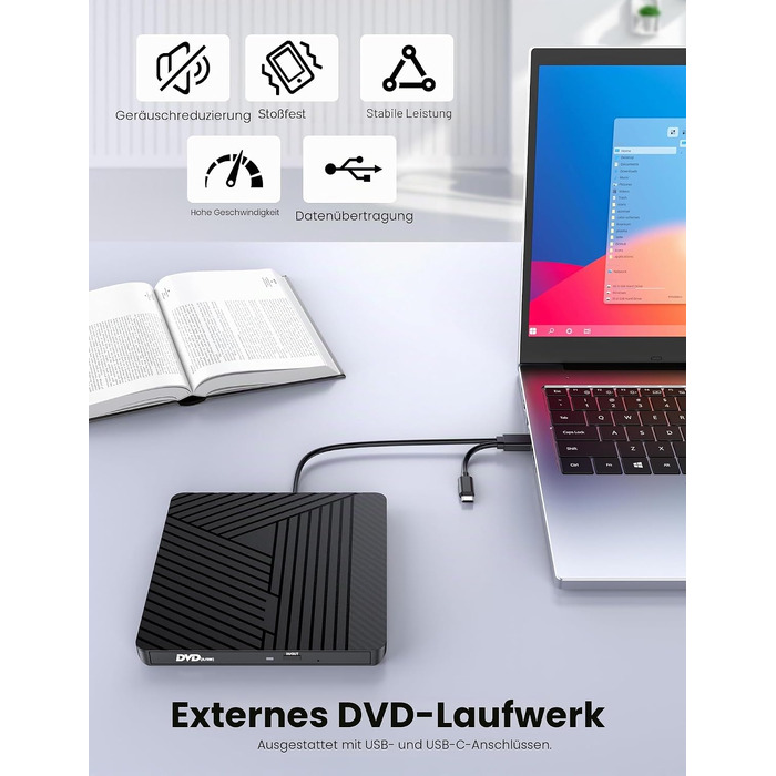 Зовнішній CD/DVD привід MOSWAG USB 3.0 та Type-C, оптичний багатофункціональний накопичувач +/-RW для PC, Mac, MacBook Pro, Linux, Win 11/10, чорний