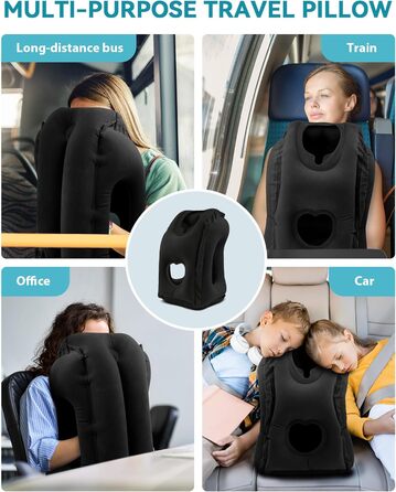 JefDiee Inflatable Neck Pillow Travel Airplane, Portable Travel Pillow, Neck Support Pillow Comfortably Supports Head and Chin, Pillow for Trains, Cars, Office, Home, with 3D Eye Mask, Earplugs (Black)