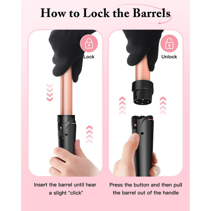 BESTOPE PRO Локкенстаб: Набір для завивки волосся 5-в-1 з 3 насадками, регулюванням температури, швидким нагрівом та рукавичкою, рожеве золото